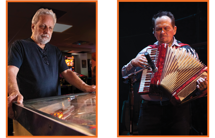 Left- A man playing Pinball. Right- Musician playing an Acordian
