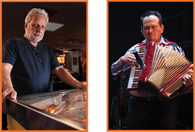 Left- A man playing Pinball.  Right- Musician playing an Acordian